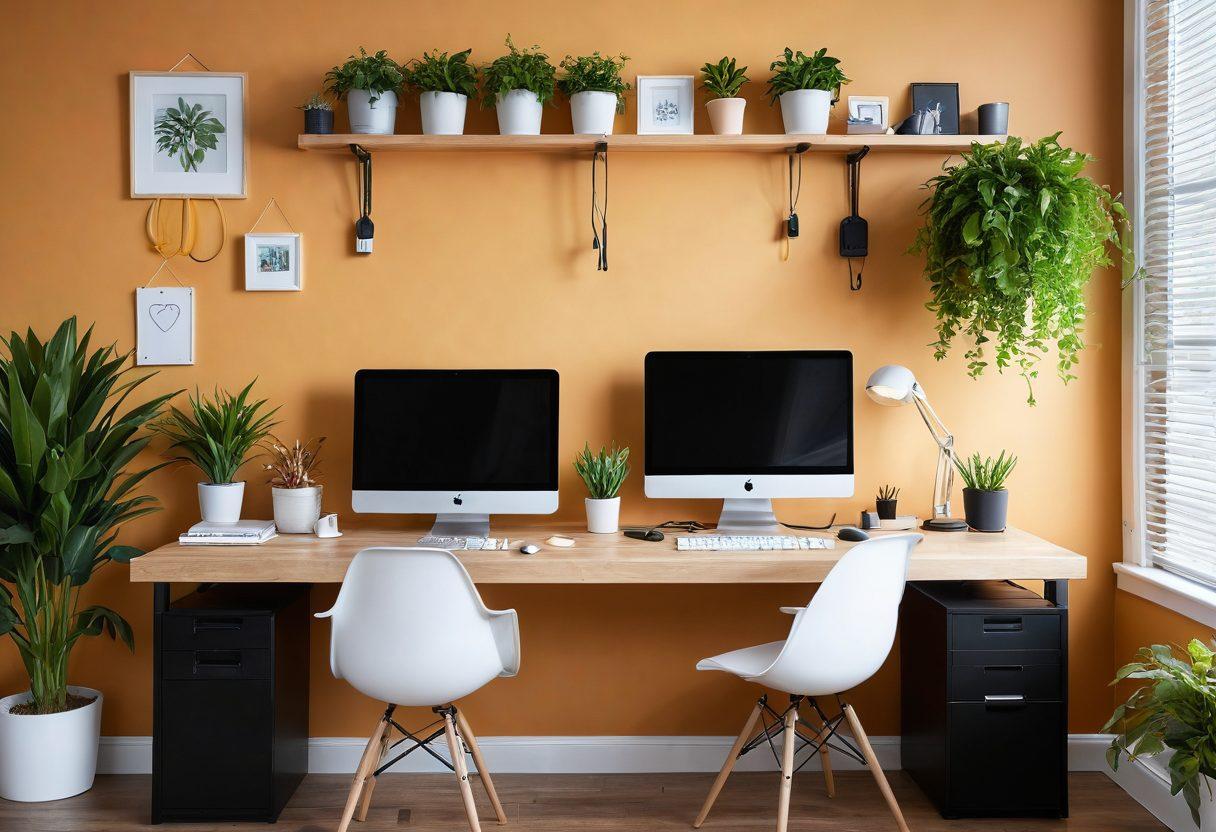 A modern home office setup showcasing organized cables and devices, with a vibrant background depicting a seamless transition from a chaotic to a tidy space. Include tools like cable ties, a laptop, and decorative plants for an inviting feel. Emphasize natural lighting for a warm atmosphere. super-realistic. vibrant colors. minimalist design.