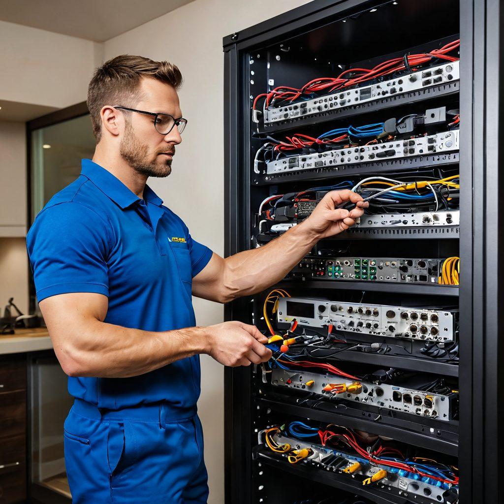 A dynamic visual showcasing the process of cable relocation and installation, featuring a busy technician expertly handling diverse cables, surrounded by tools and technology. Include a backdrop of a modern home transitioning from old to new media setups, emphasizing connectivity and transformation. The scene should convey a sense of precision and efficiency, with vibrant colors and detailed textures. super-realistic. bright lighting.