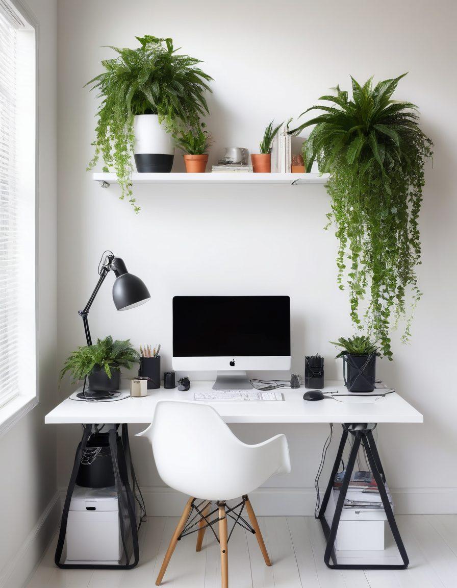 A modern home office setup, featuring neatly organized cables and innovative cable management solutions. Include a stylish desk with a sleek computer, decorative plants, and a cozy ambiance. Highlight contrasting colors of the cables against a minimalist white background. The scene should evoke a sense of order and efficiency, encouraging a harmonious workspace. super-realistic. vibrant colors. white background.